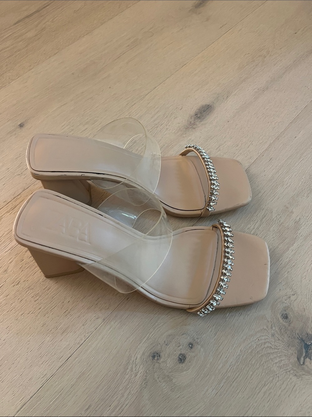 ZARA Nude Rhinestone Block Heel Sandals - Clear Strap